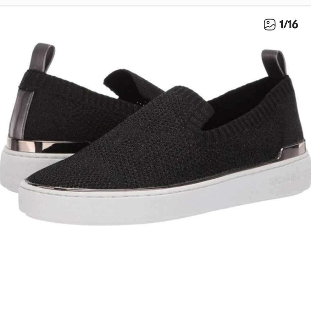 Black Slip-On Knit Sneakers with Silver Trim